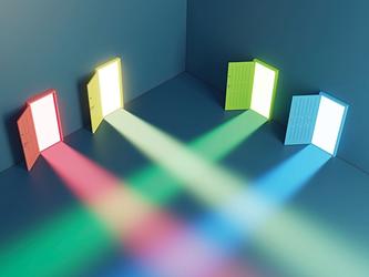 image of 4 different coloured doors expelling beams of different coloured light